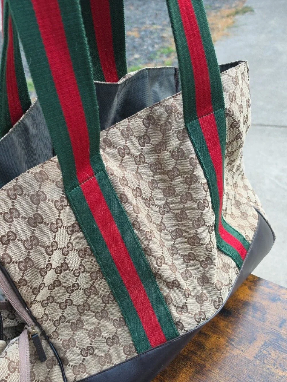 Gucci Beige Monogram Canvas Tote with Red & Green Straps